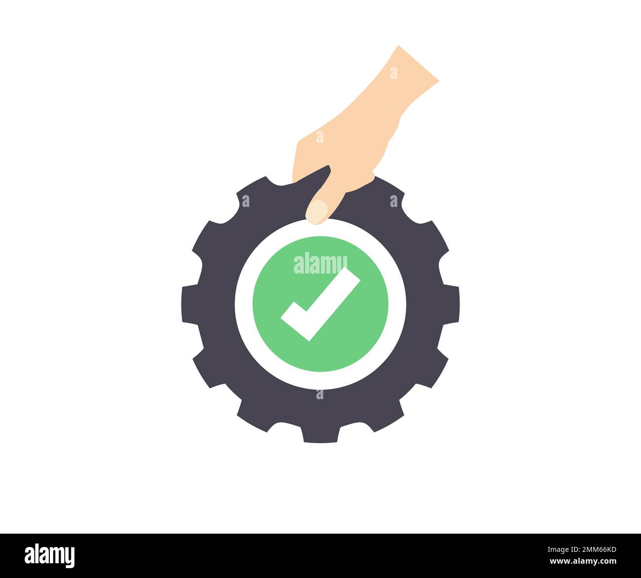 Hand holding gear, settings icon and approved, confirm, done, tick, completed symbol logo design. Tick icon in gear, Gear check. Stock Vector