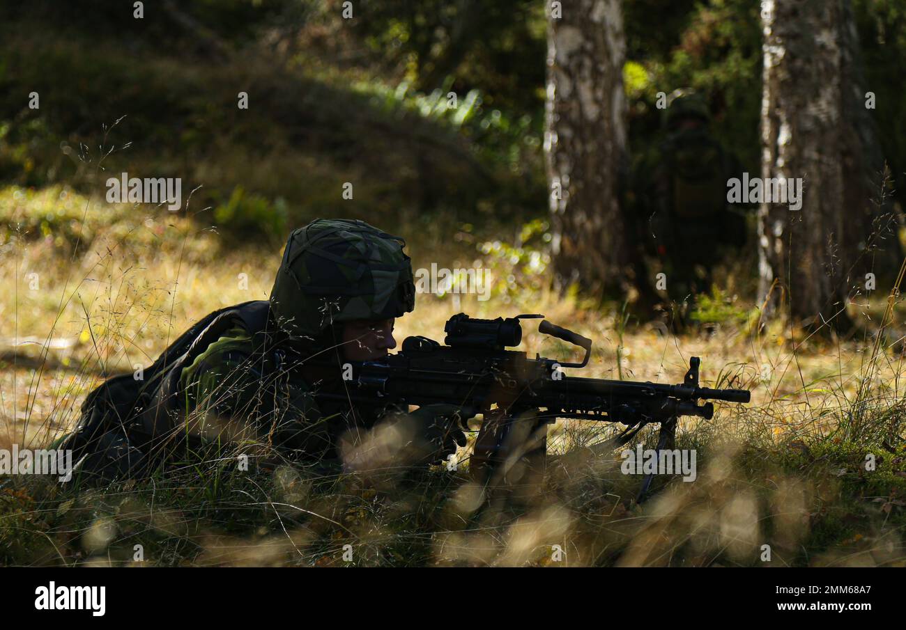 A Swedish Marine automatic rifleman with 2d Swedish Marine Battalion provides security while conducting a bilateral demolition range during exercise Archipelago Endeavor (AE22) at Berga Naval base, Sweden, Sept. 15, 2022. AE22 is an integrated field training exercise that increases operational capability and enhances strategic cooperation between the U.S. Marines and Swedish forces. Stock Photo