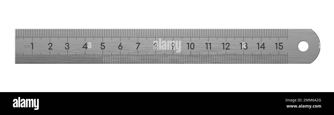 Realistic stainless steel metric ruler with cm scale. Detailed graphic design element. Office supply, school stationery. Isolated on white background. Stock Vector