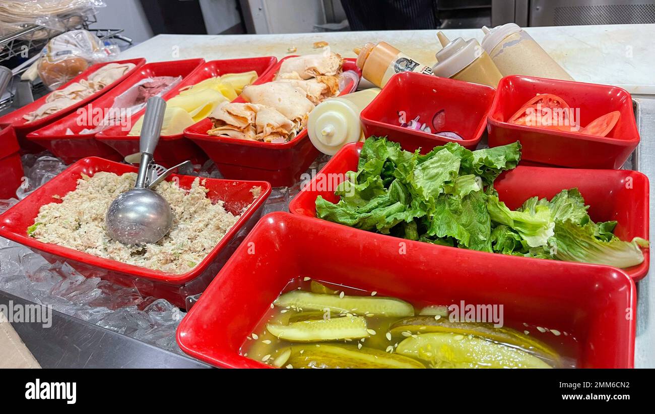 Cafeteria Salad bar fruits healthy pizza and meat Stock Photo Alamy