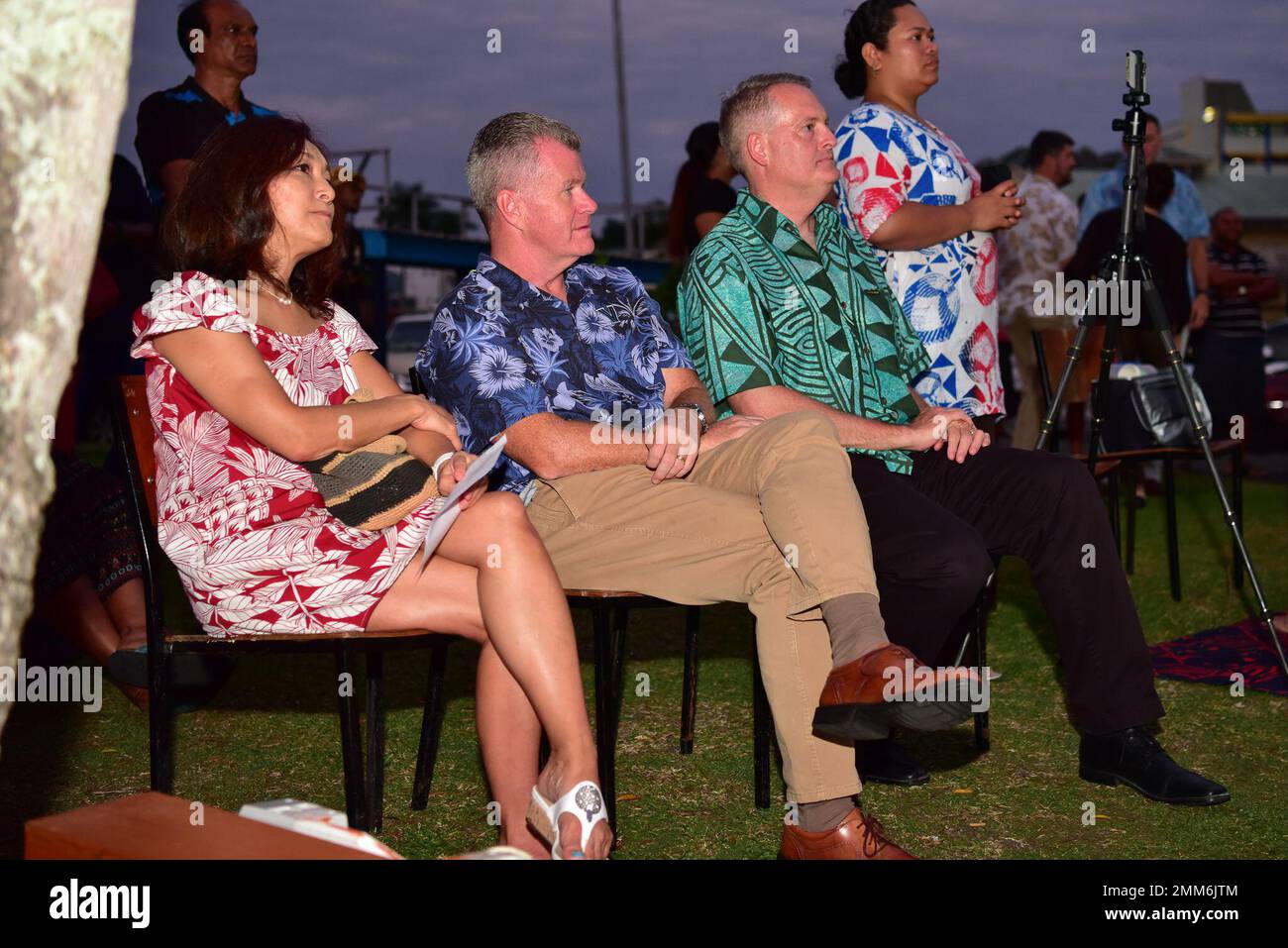SUVA, Fiji (Sept. 15, 2022) Adm. Samuel Paparo, commander, U.S. Pacific Fleet (COMPACFLT), and Charge d’Affaires Tony Greubel, U.S. Embassy Suva, look upon as musicians from COMPACFLT and the Republic of Fiji Military Forces Band perform during a concert in Suva, Fiji. The visit to Fiji emphasized the U.S. commitment to strengthening partnerships for an enduring free and open Indo-Pacific. Stock Photo