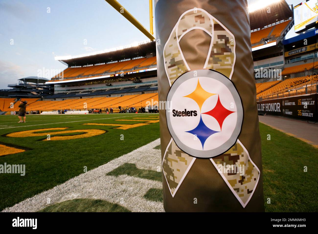 This is the NFL's Salute to Service goalpost pad on the field at