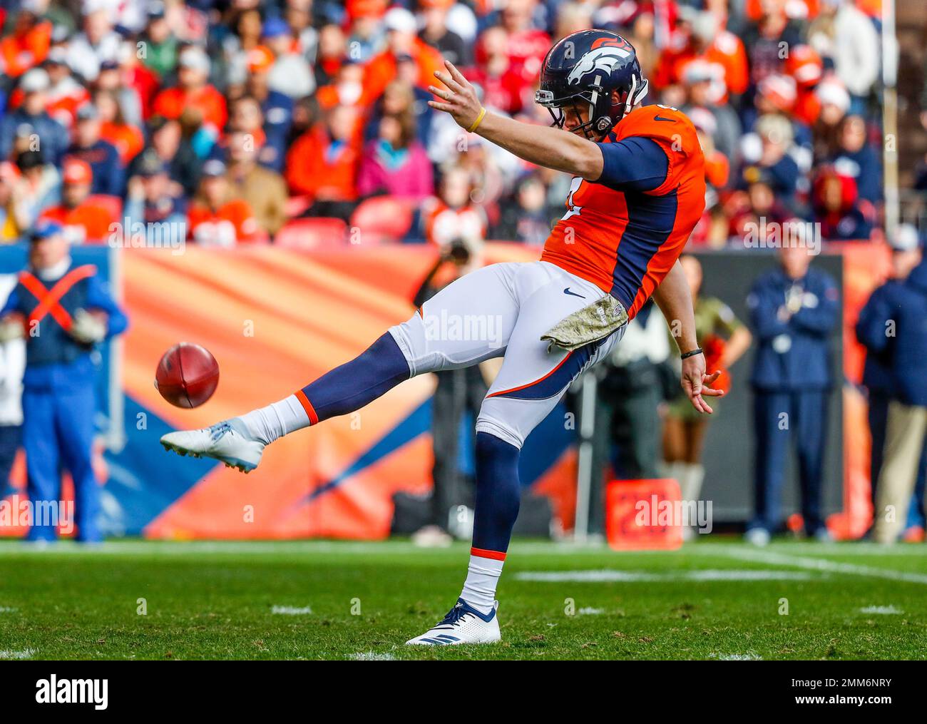 Denver Broncos punter Colby Wadman (6) follows through on a punt against  the Los Angeles Chargers during the second half of an NFL football game in  Carson, Calif., Sunday, Oct. 6, 2019. (