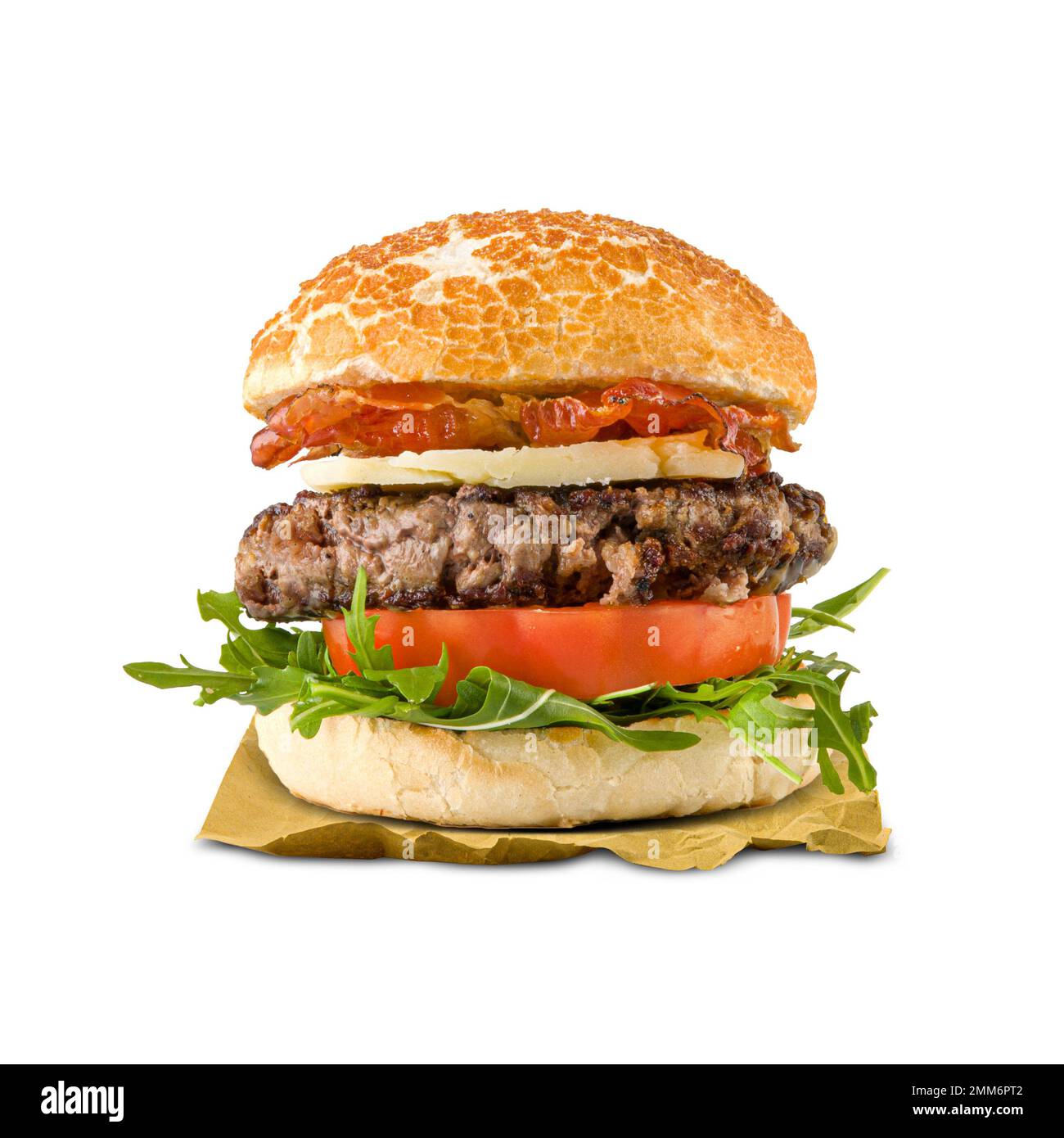 bacon and cheese Hamburger isolated; Stock Photo