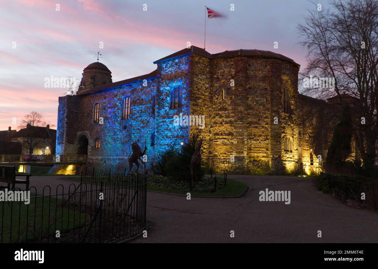 Colchester, UK. 29th Jan 2023. Colchester-based charity Lepra mark World Leprosy Day by lighting up the city's landmarks including Colchester Castle. Lepra was founded in 1924 and continues to raise awareness of leprosy by prevention, treatment and follow-up, supporting people to live normal lives. Credit:Eastern Views/Alamy Live News Stock Photo