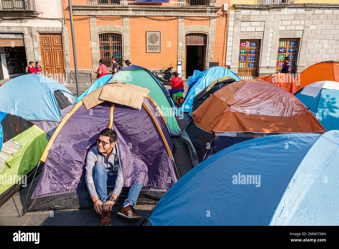 Mexico City,Historic Center centre,Historico Centro,Zocalo Plaza de la Constitucion,teacher teachers educator protest camping tents sleep-in demonstra Stock Photo