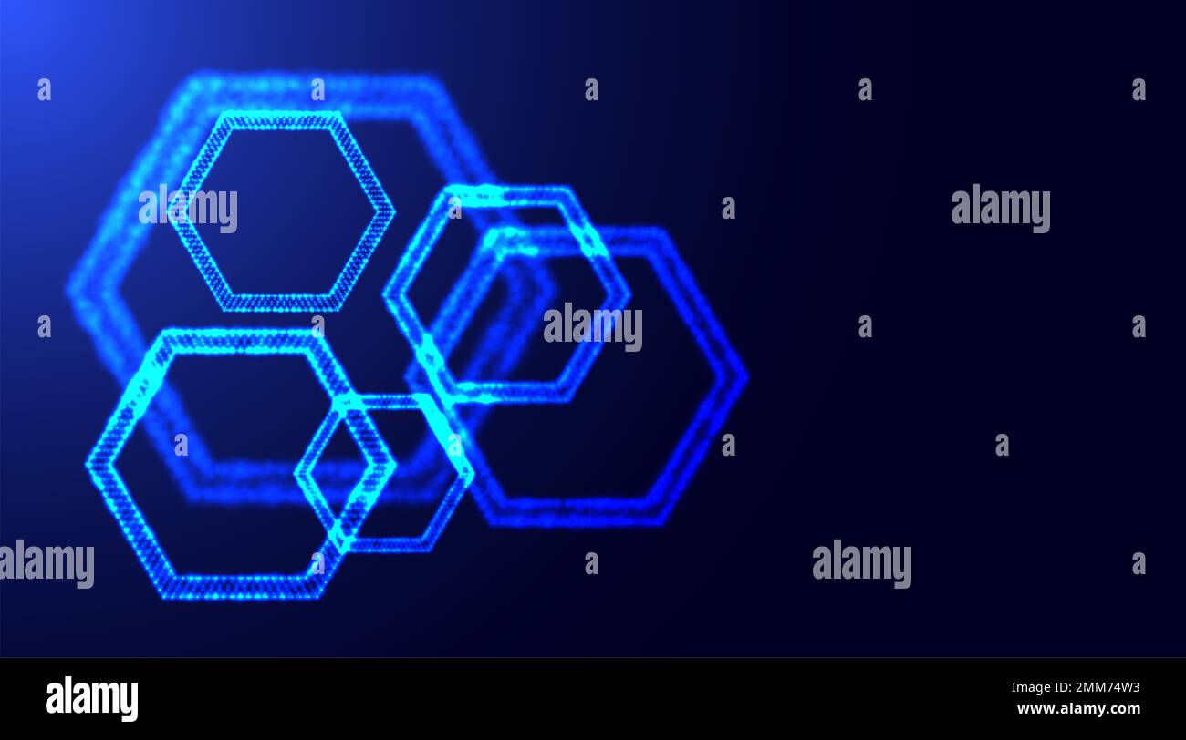 Hexagonal shapes made of small glowing particles with depth of field ...