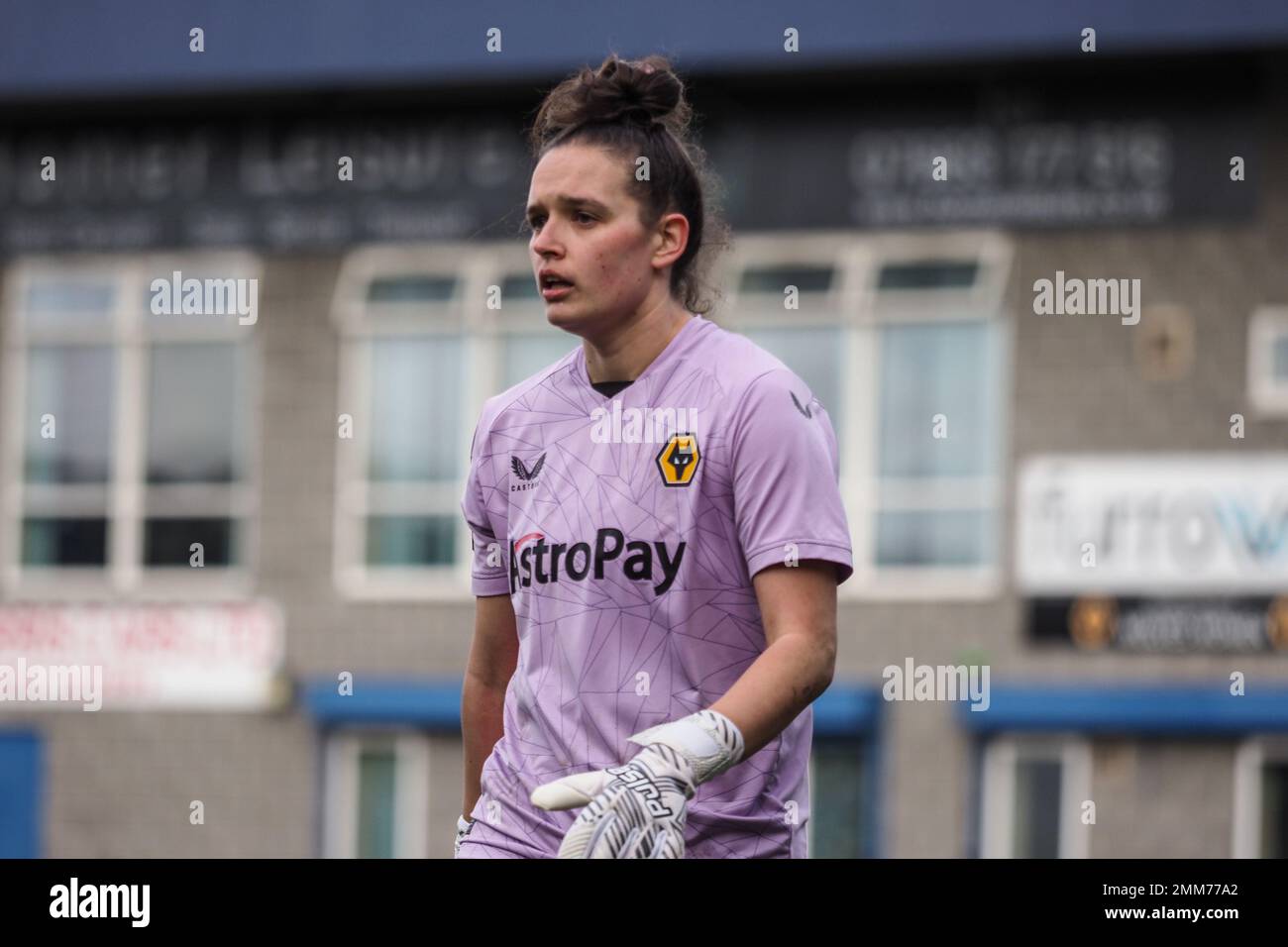 Telford, UK. 29th Jan, 2023. Telford, England, January 29th 2023: Goalkeeper Shan Turner (1 Wolverhampton Wanderers) in action during the Womens FA Cup game between Wolverhampton Wanderers and West Ham United at New Bucks Head in Telford, England (Natalie Mincher/SPP) Credit: SPP Sport Press Photo. /Alamy Live News Stock Photo