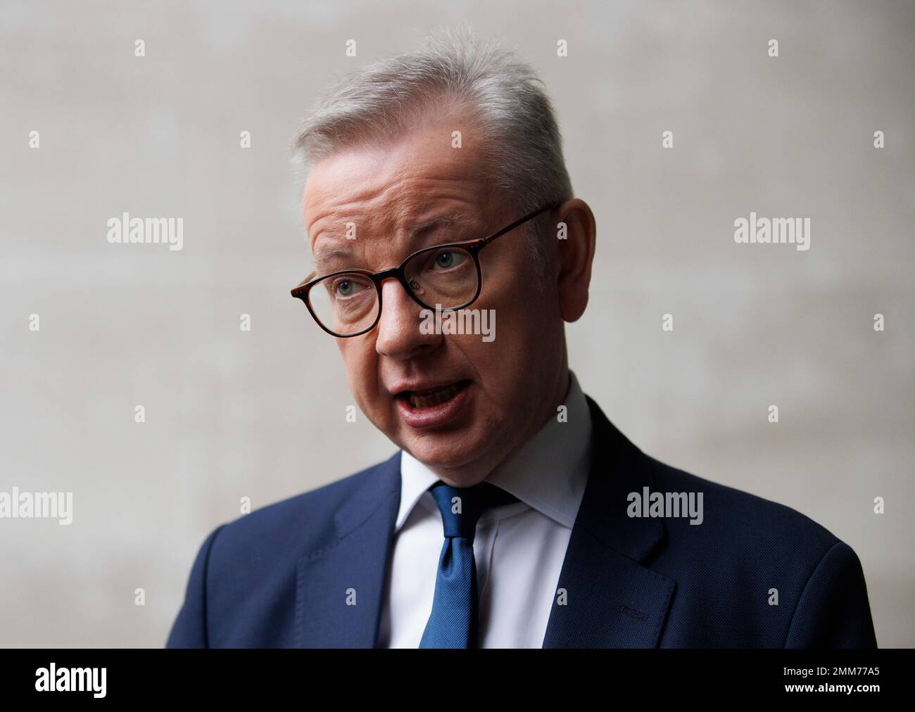 London, UK. 29th Jan, 2023. Levelling Up Secretary, Michael Gove, at the BBC for Sunday with Laura Kuenssberg. He was questioned about the sacking of Nadhim Zahawi. He has also admitted that faulty Government guidance was partly responsible for the Grenfell tragedy. He said the Government guidance allowed unscrupulous people to exploit a broken system that lead to the tragedy. Credit: Mark Thomas/Alamy Live News Stock Photo