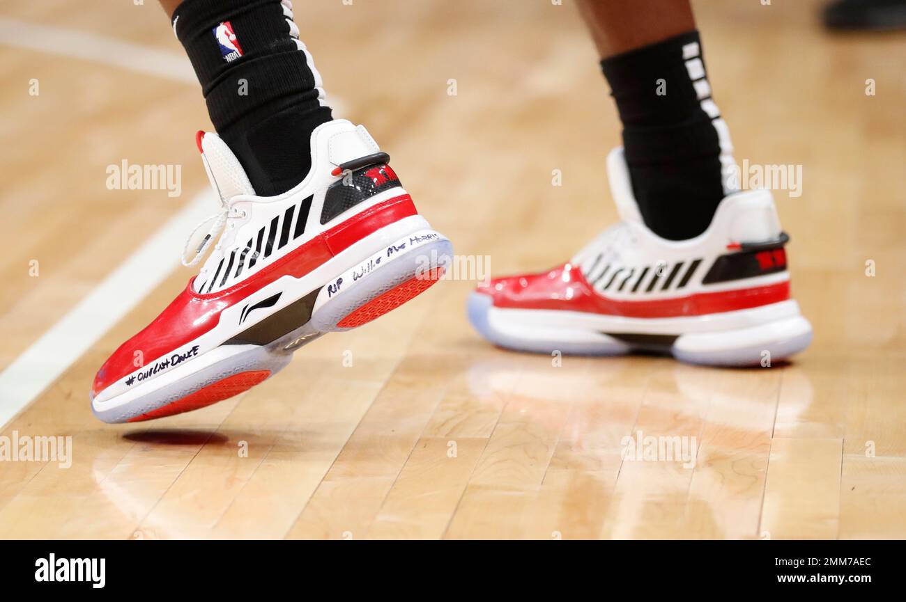 Closeup of Miami Heat guard Dwyane Wade's shoes during the second half of  an NBA basketball game against the Detroit Pistons, Monday, Nov. 5, 2018,  in Detroit. (AP Photo/Carlos Osorio Stock Photo -
