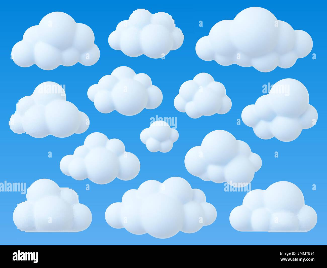 White fluffy clouds 3d icons. Cumulus bubble cloud, weather decorative elements. Soft cotton atmosphere, sky element render, pithy vector set Stock Vector