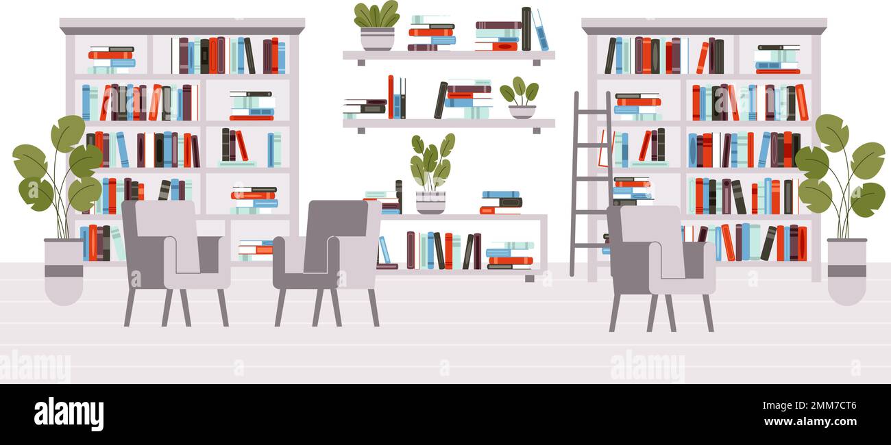 Modern library interior, coworking zone with bookshelves and chairs. Cozy book store, reading area with plants, vector location Stock Vector