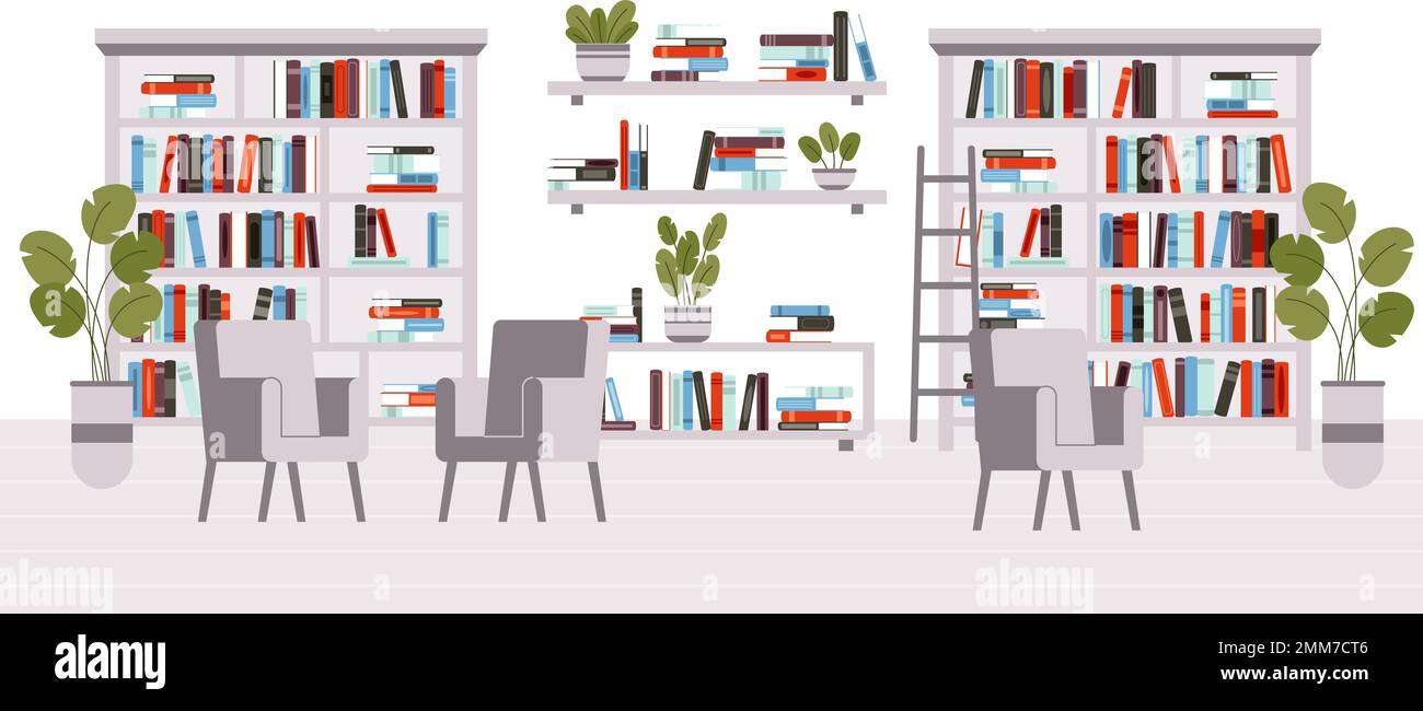 Modern library interior, coworking zone with bookshelves and chairs