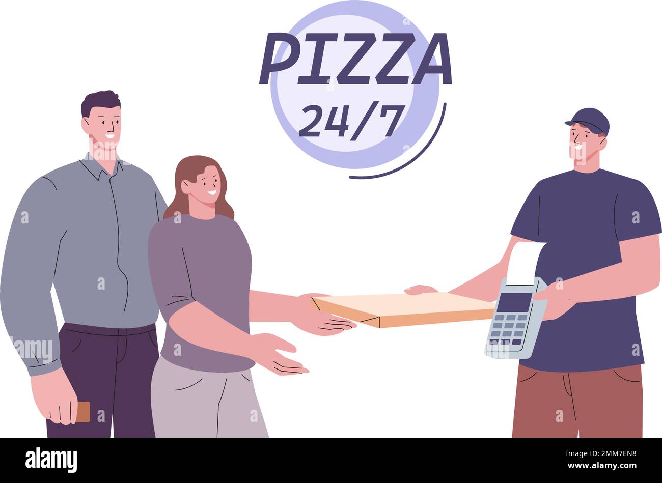 Pizza delivery around clock. Yummy fast food for young happy couple