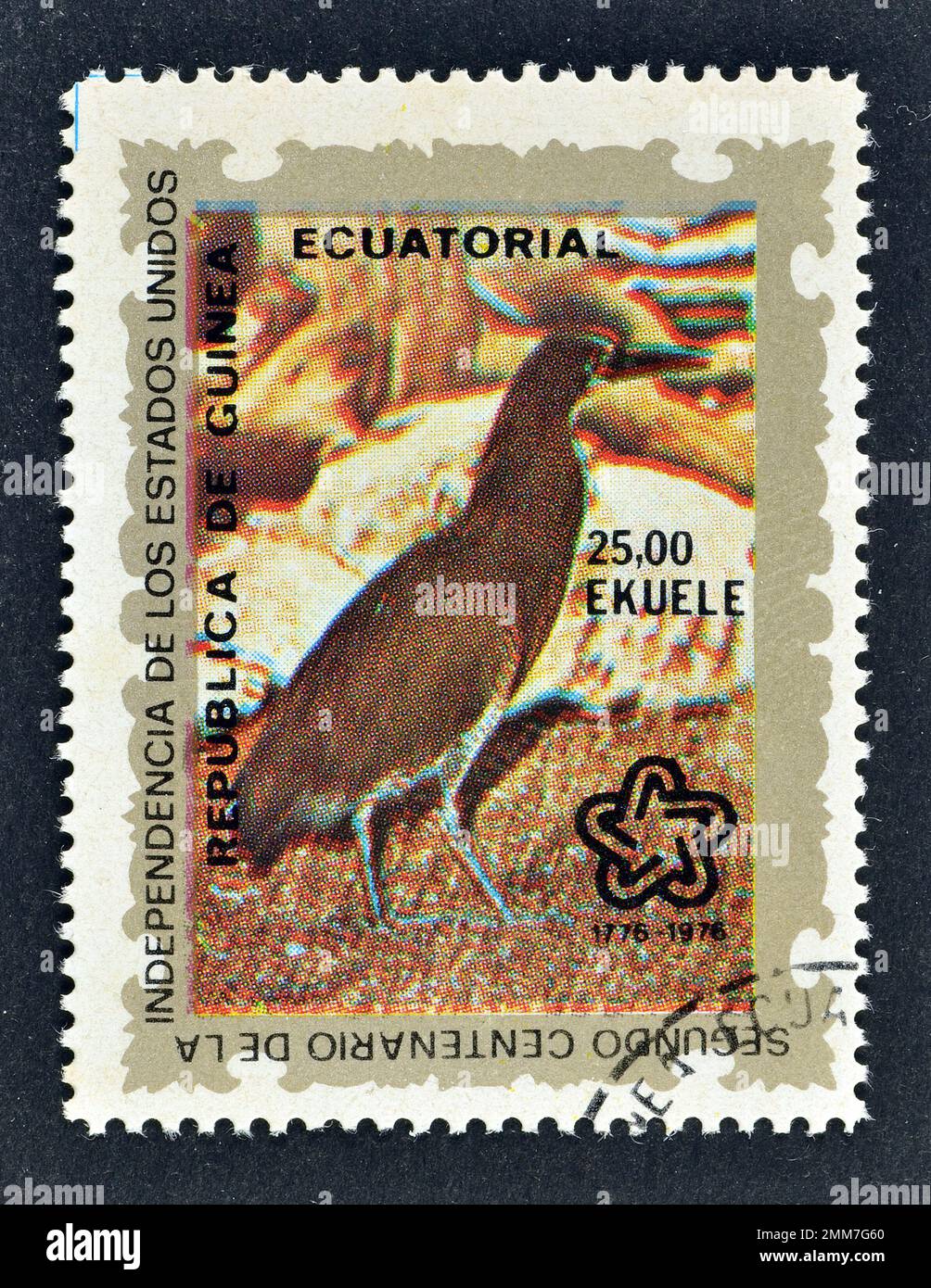 Cancelled postage stamp printed by Equatorial Guinea, that shows Rufescent Tiger-Heron (Tigrisoma lineatum), circa 1976. Stock Photo