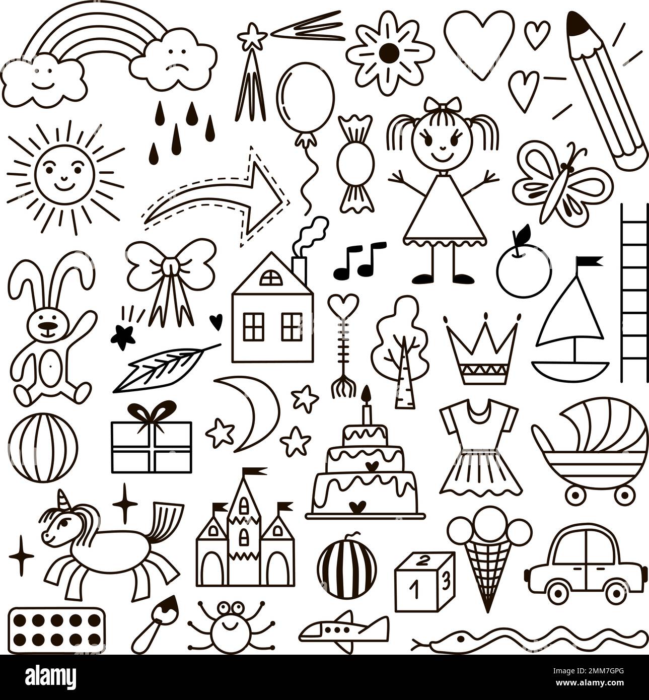https://c8.alamy.com/comp/2MM7GPG/kid-doodle-icons-preschool-kids-graphic-outline-elements-children-funny-transport-sun-and-rainbow-princess-castle-and-magic-unicorn-neoteric-2MM7GPG.jpg