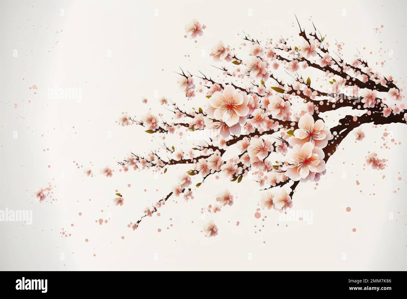 Blossoming cherry branch in early spring, flower petals blowing in the