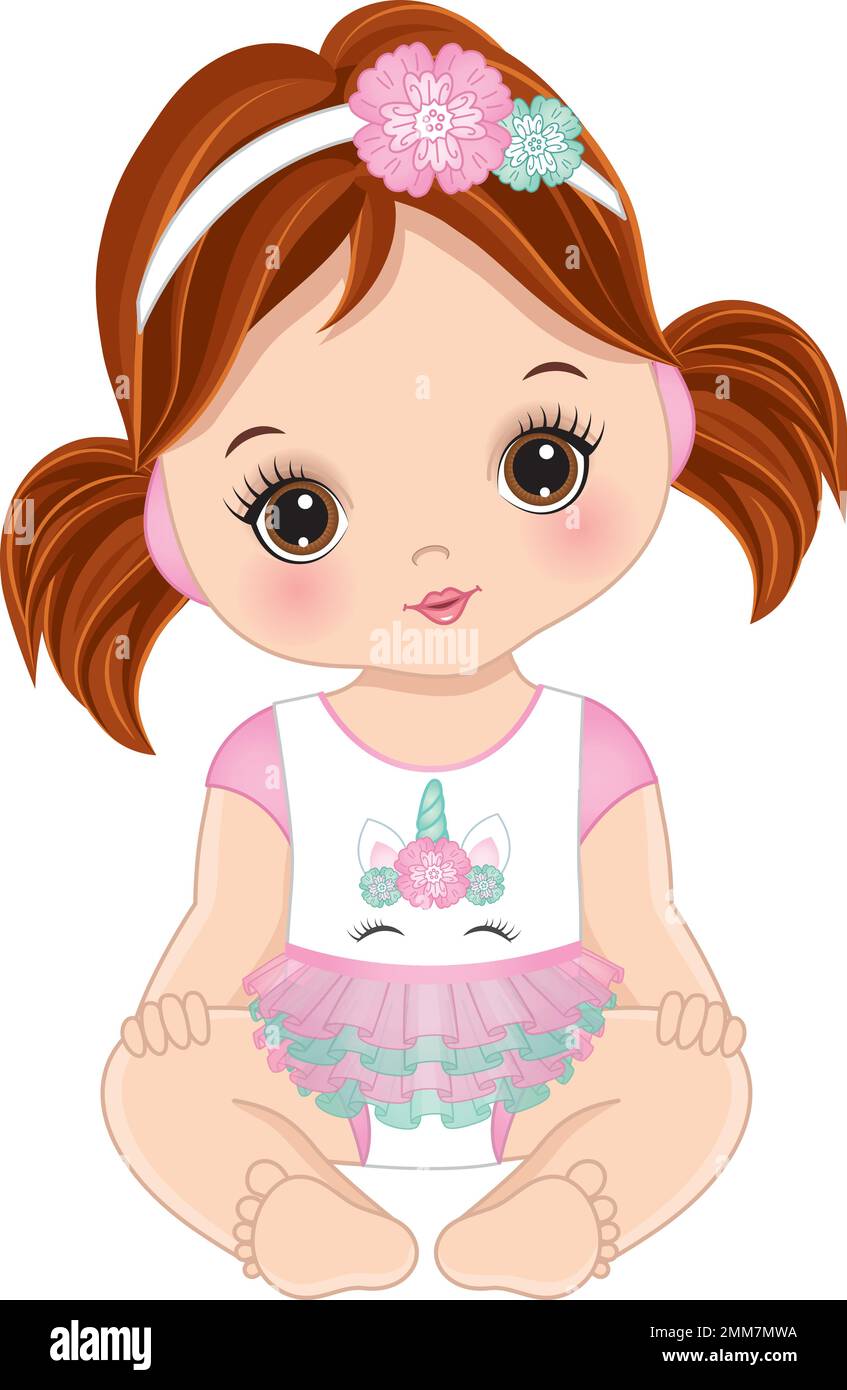 Cute Baby Girl Wearing Unicorn Dress and Floral Headband. Vector ...
