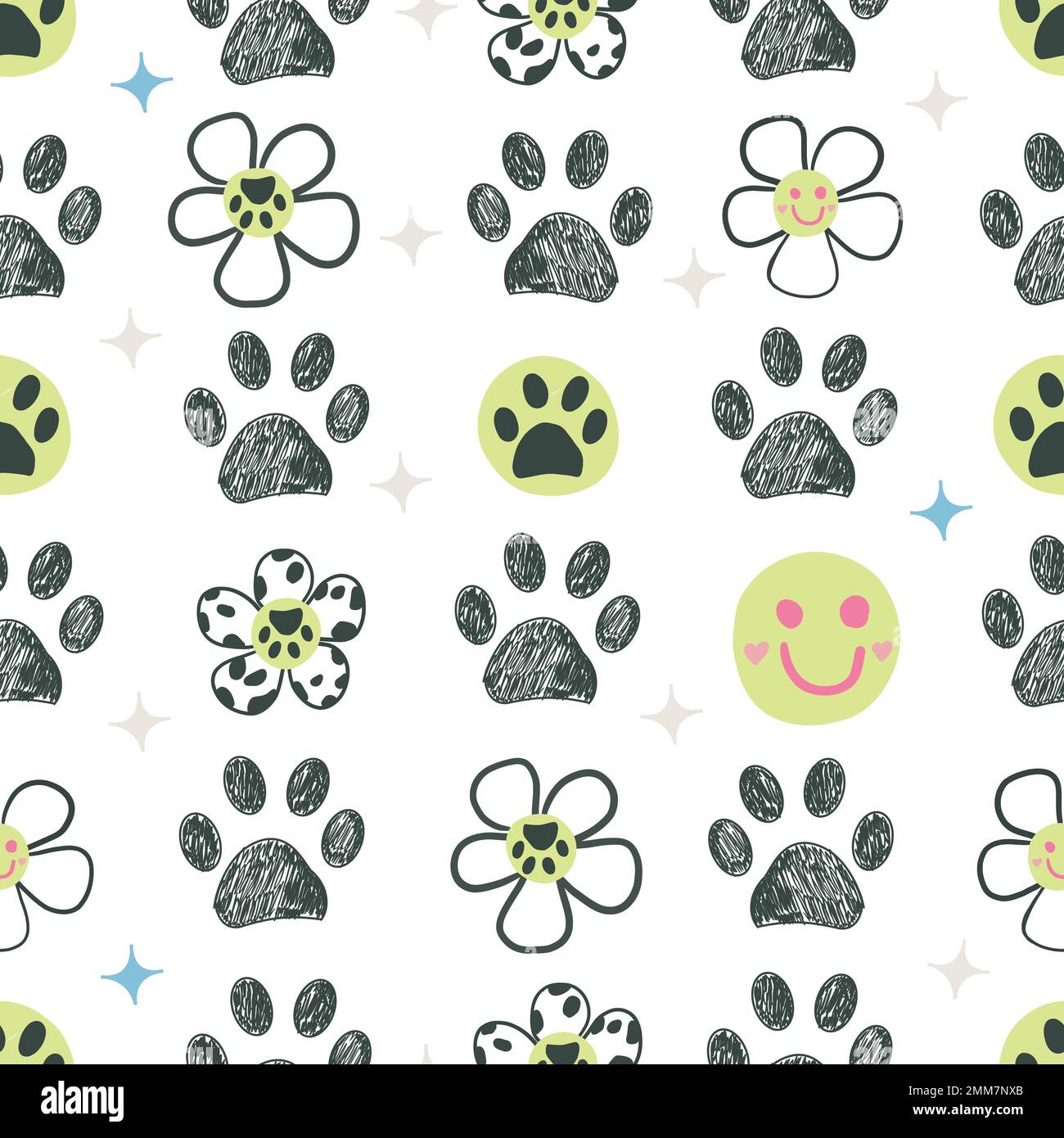 Daisies, smile faces, paw prints seamless fabric pattern Stock Vector