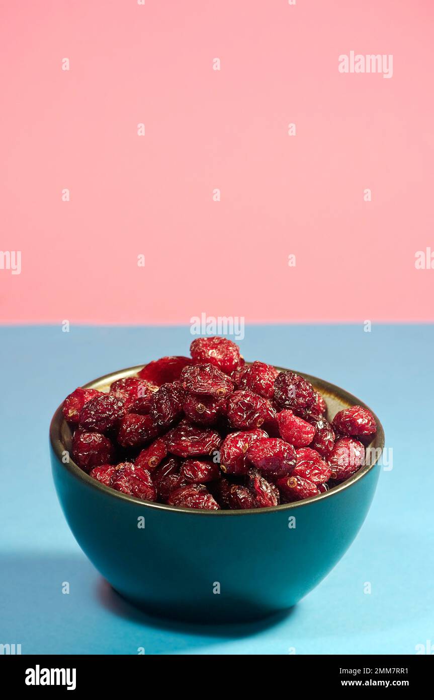 Vertical photography of dehydrated red blueberries. Stock Photo