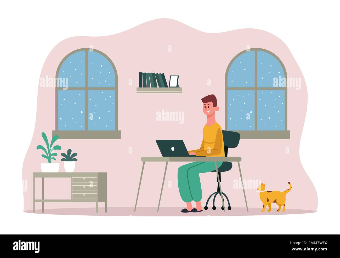Freelance working person. Workaholic man sitting at desk with laptop. Busy male character working remotely Stock Vector