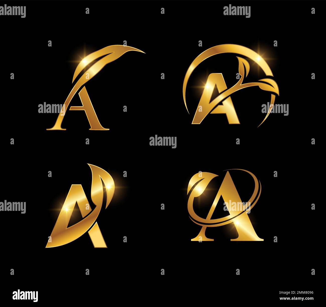A Vector Illlustration of Golden Leaf Monogram Initial Letter A in ...