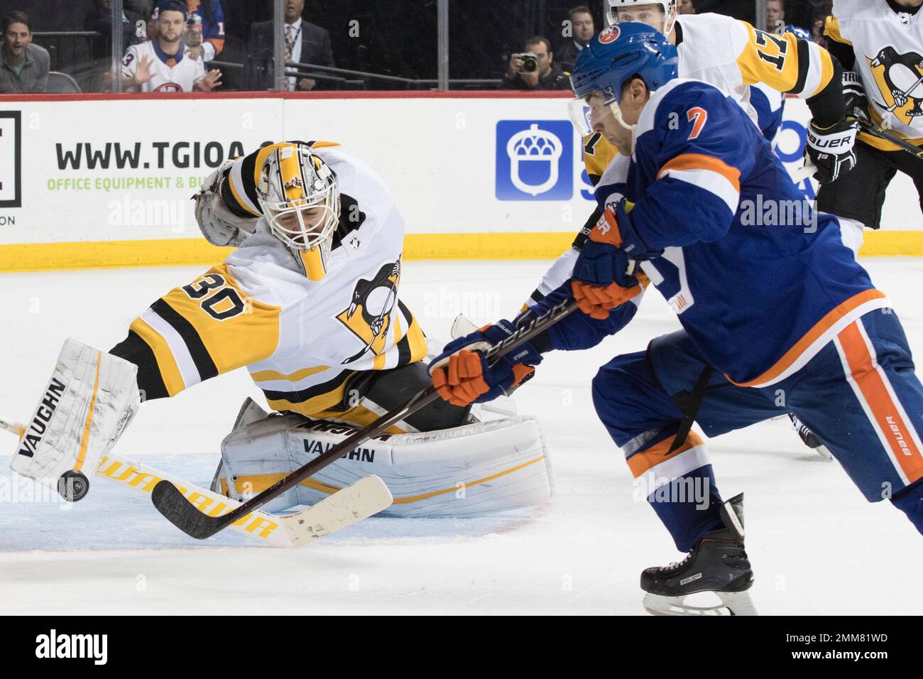 Pittsburgh Penguins Goaltender Matt Murray 30 Makes The Save Against New York Islanders Right 