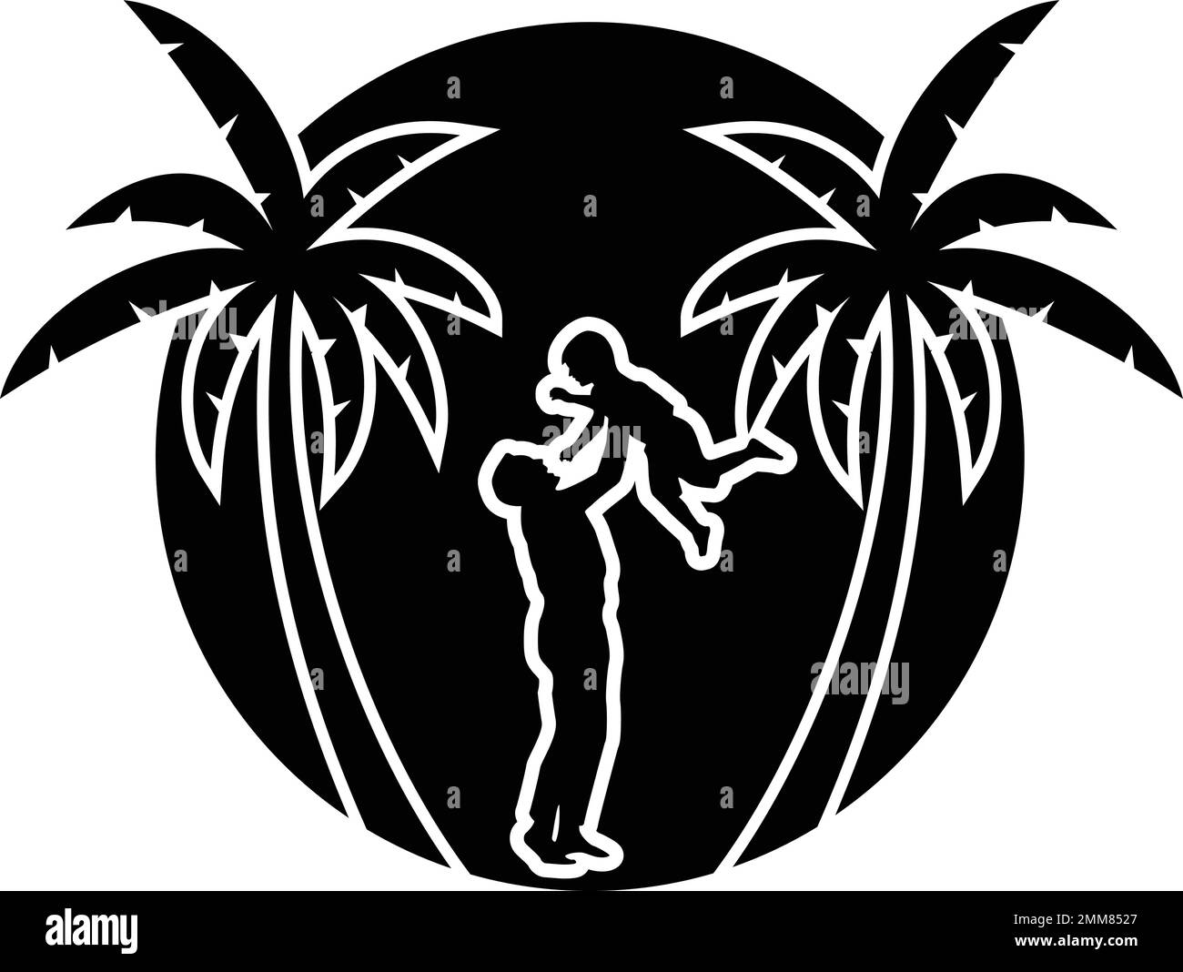 Father hold up son in sun with pulm tree vector. Stock Vector