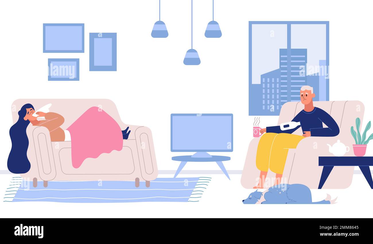 Sick people suffering from flu, cold at home. Woman lying on sofa under