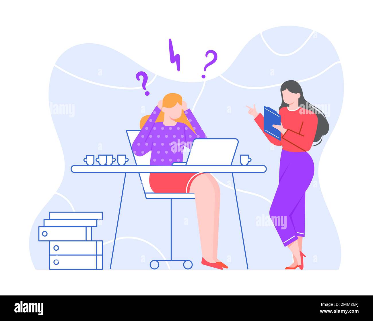 Stressed business people. Female manager sitting at desk overworked. Employee in stress, drinking coffee Stock Vector