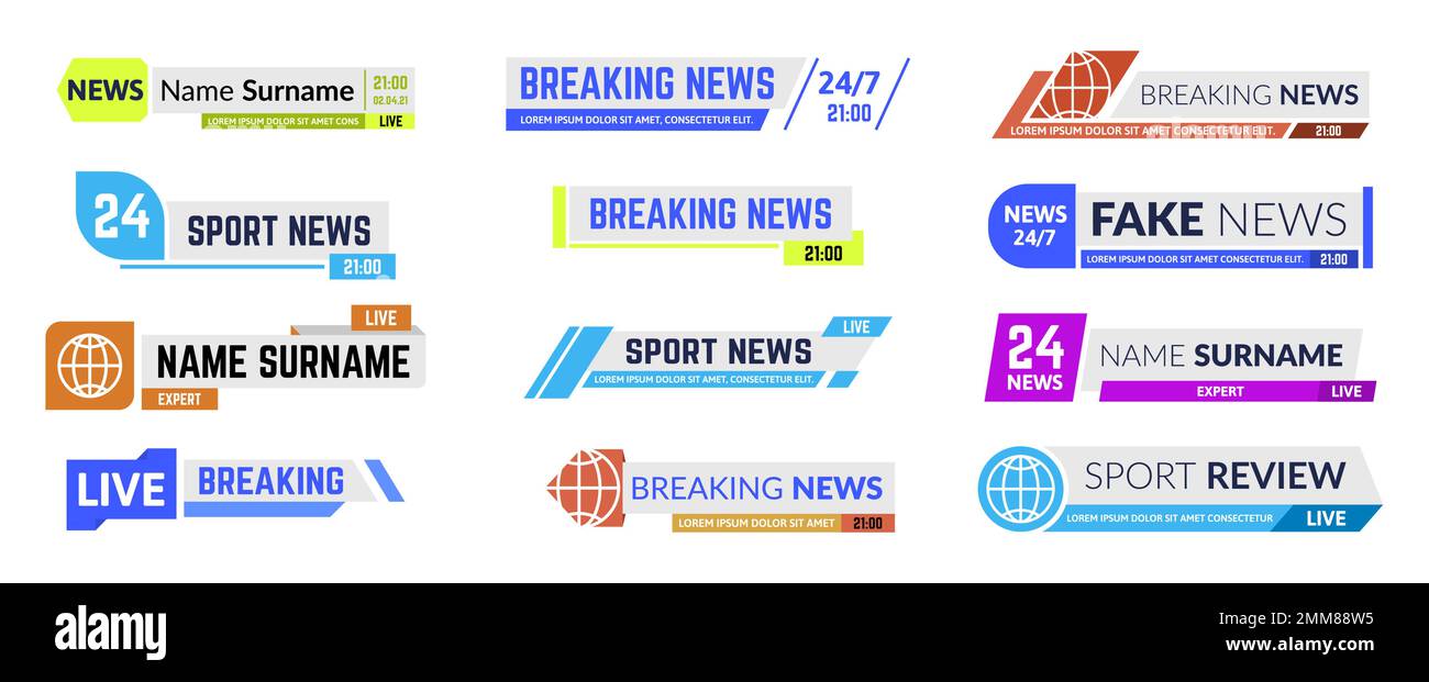 Television broadcast bar vector illustration set. Breaking news, sport review. Live show or program frame template Stock Vector