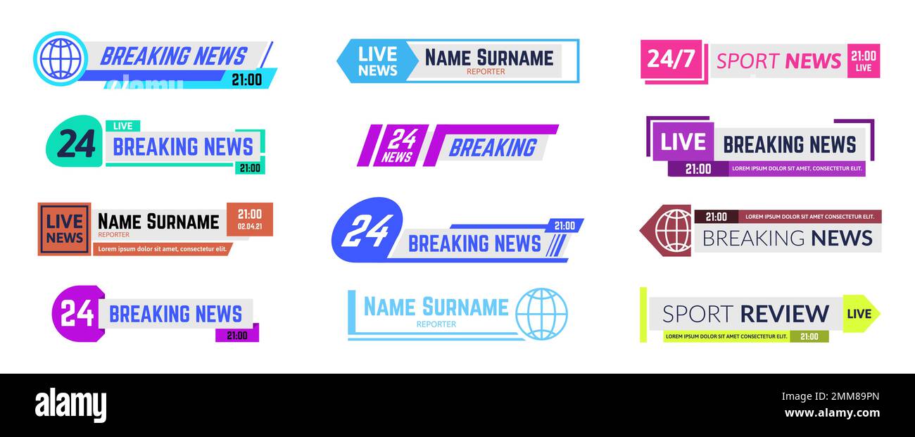 Tv news bars, breaking news and sport review templates of different colors for various channels. Expert names and surnames Stock Vector