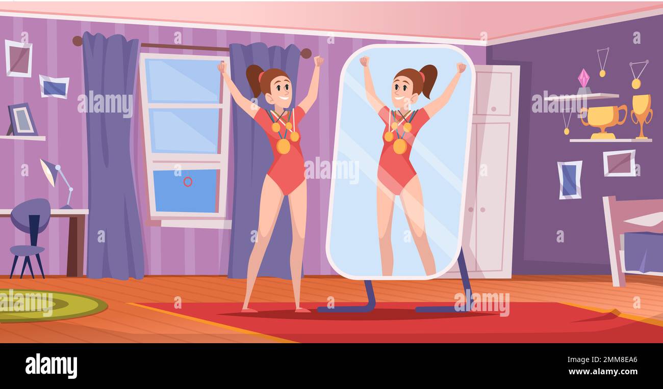 People mirror looking. Cartoon background with characters standing and self view in mirror exact vector illustration in cartoon style Stock Vector