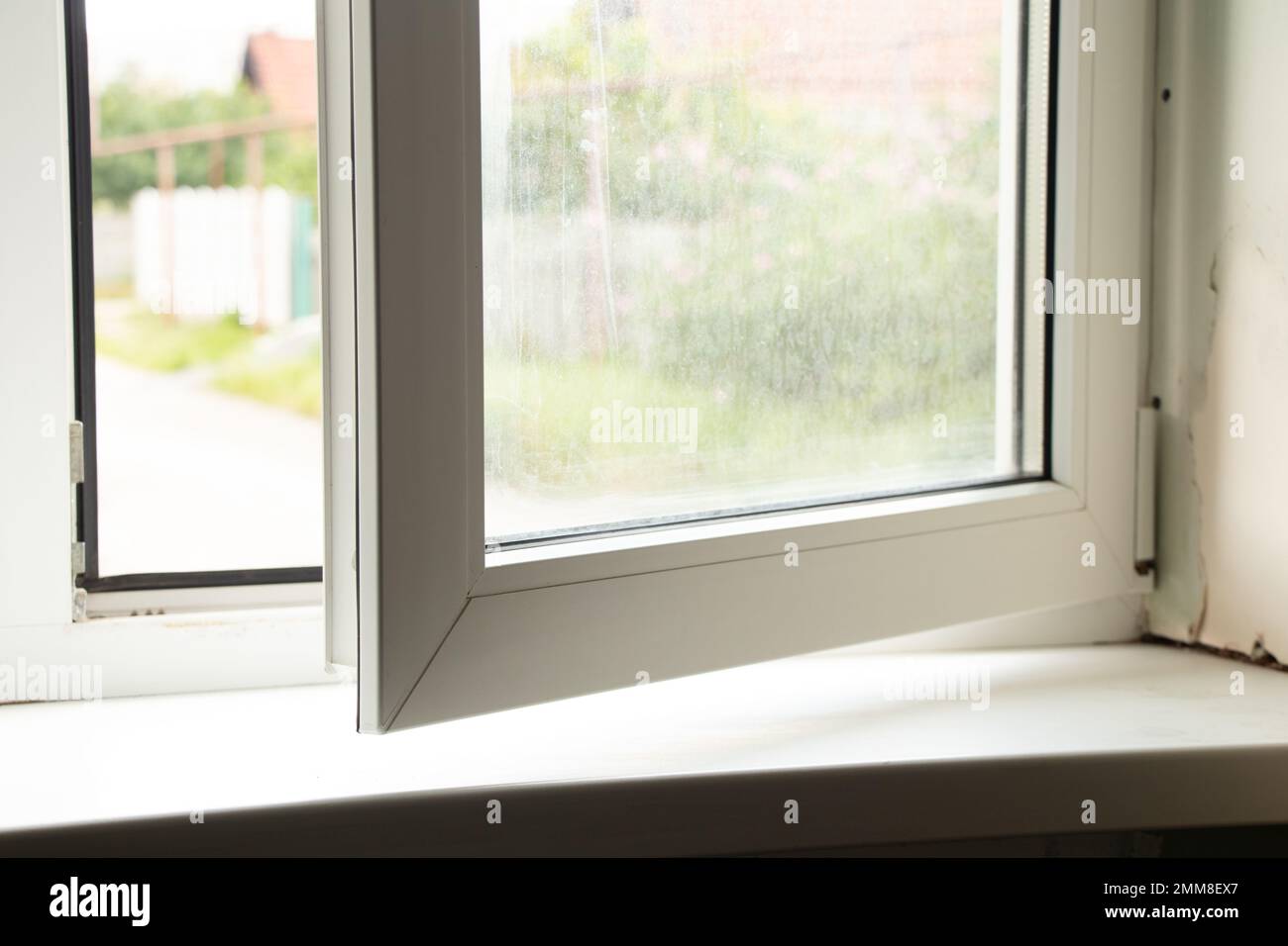 dirty window with a sill with mold from dampness, fungus on the window