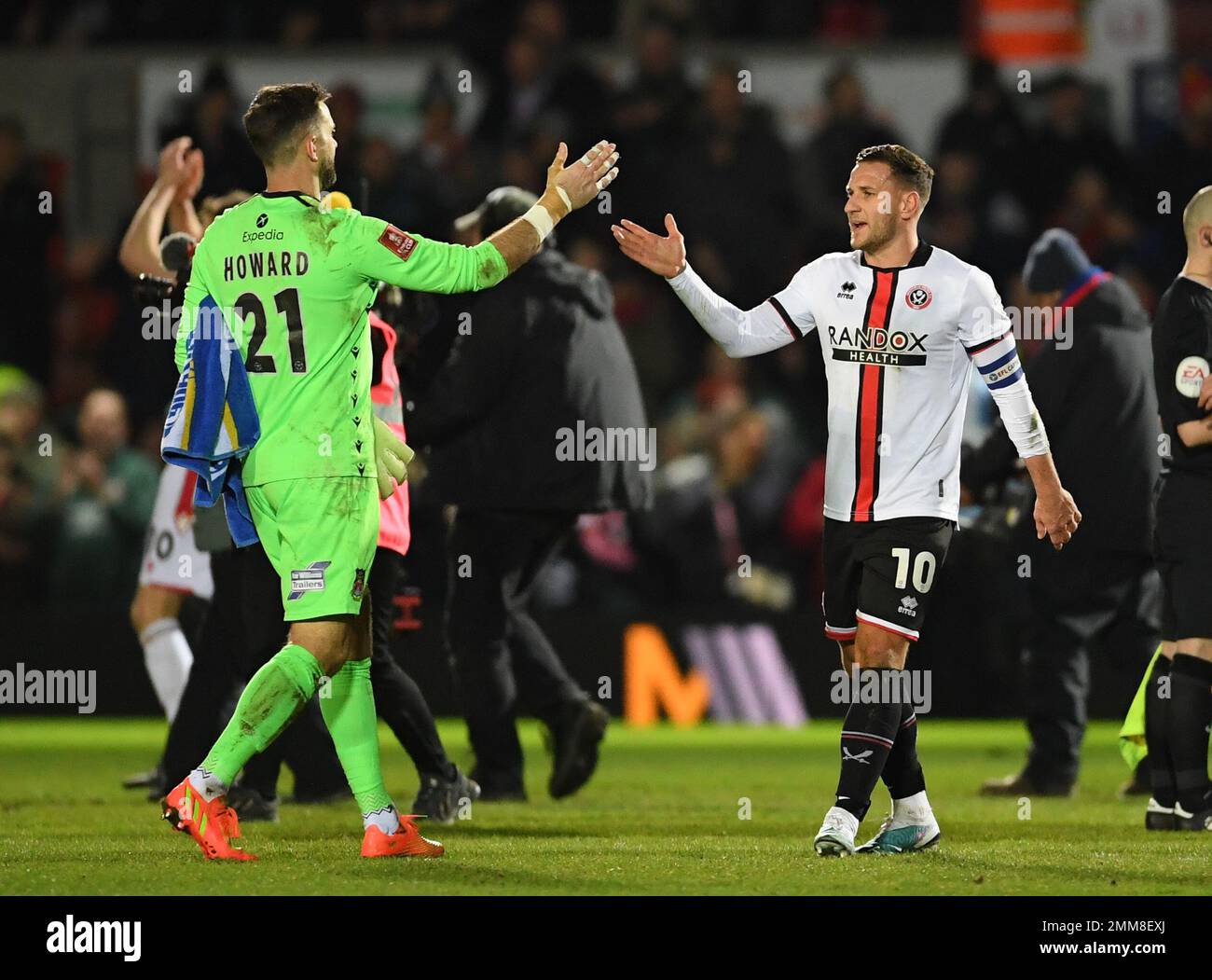 Wrexham, UK. 29th Jan, 2023. Former Sheffield Utd player Mark Howard of Wrexham shakes hands with Billy Sharp of Sheffield Utd during the The FA Cup match at the Racecourse Stadium, Wrexham. Picture credit should read: Gary Oakley/Sportimage Credit: Sportimage/Alamy Live News Stock Photo