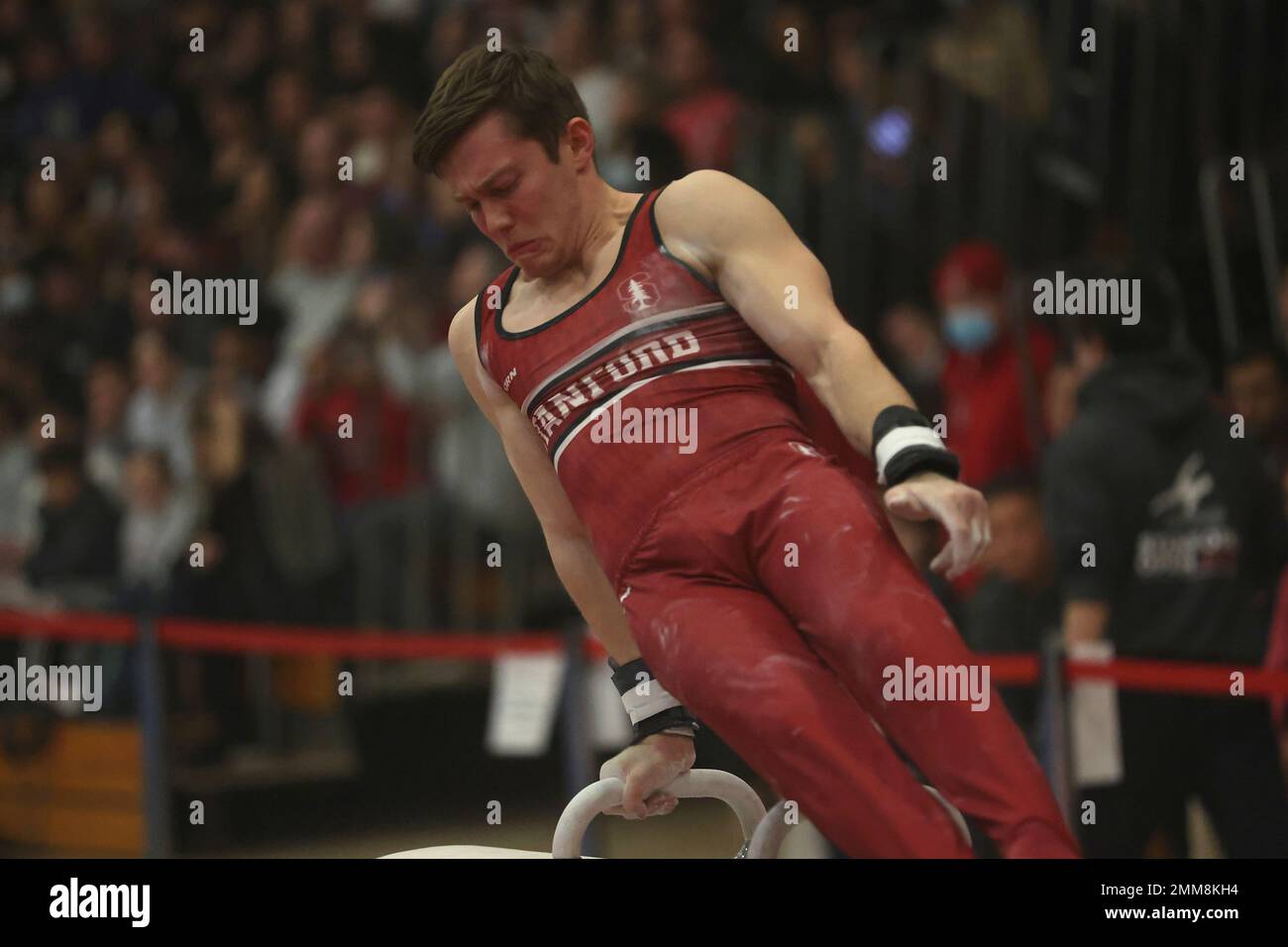 Ian Gunther of Stanford competes on the pommel horse during an NCAA