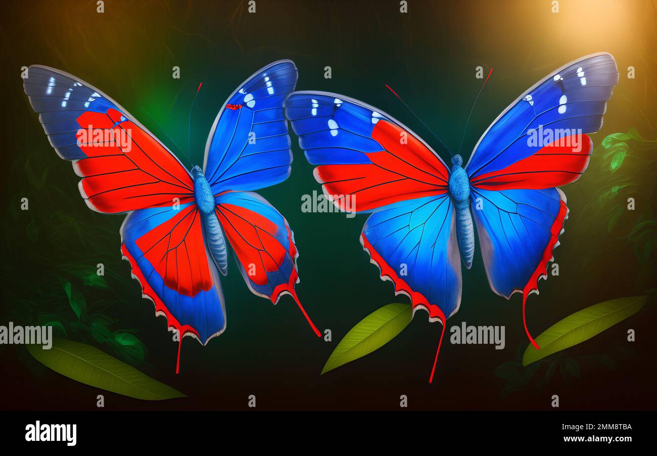 Beautiful blue red butterflies in the rainforest at misty sunrise