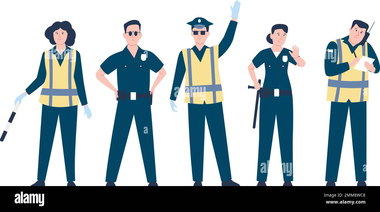 Police officers group, female and male security workers. Policemen characters, cop or guard. Cartoon bodyguards team in uniform, recent vector scene Stock Vector