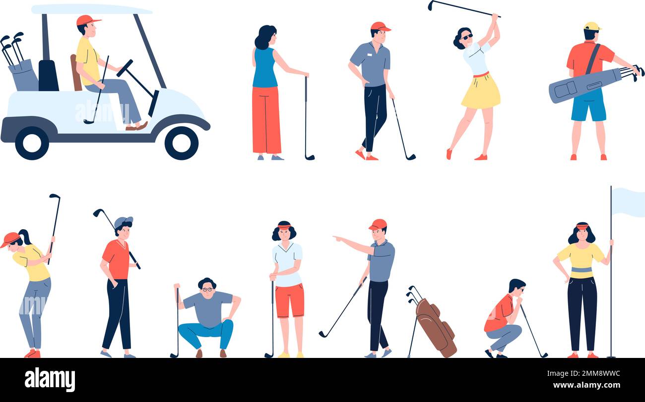 Golf players flat characters. Golfer men and women play. Sport champion