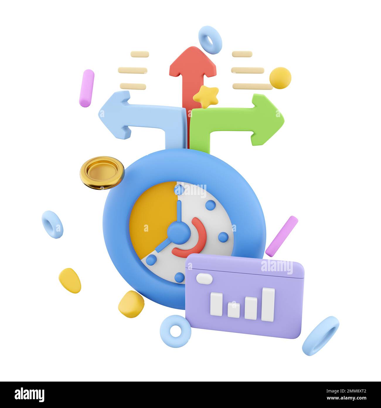 3d rendering timer with growth histogram and arrows icon. 3d render ...