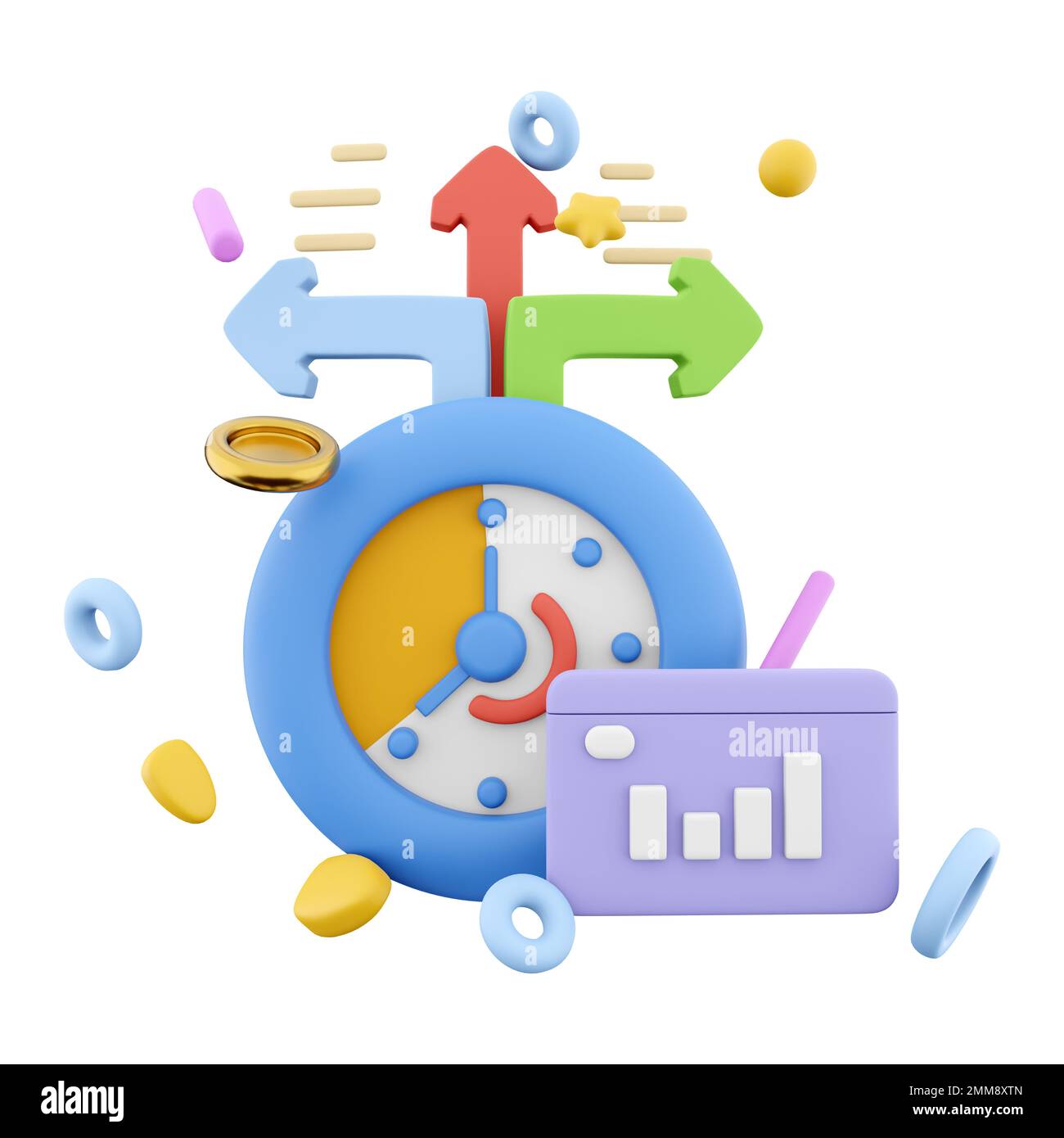 3d rendering timer with growth histogram and arrows icon. 3d render ...