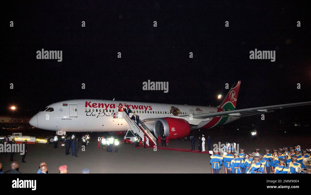 Kenya Airways Boeing 787 Dreamliner is parked on runway at Jomo