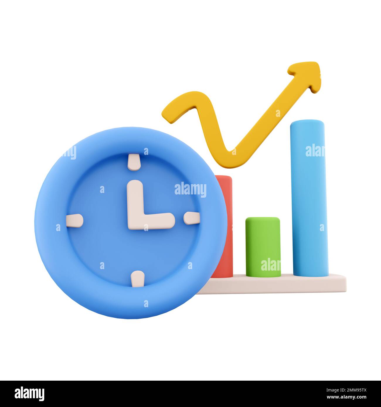3D rendering clock and color graphs pointing up icon. 3d render chart