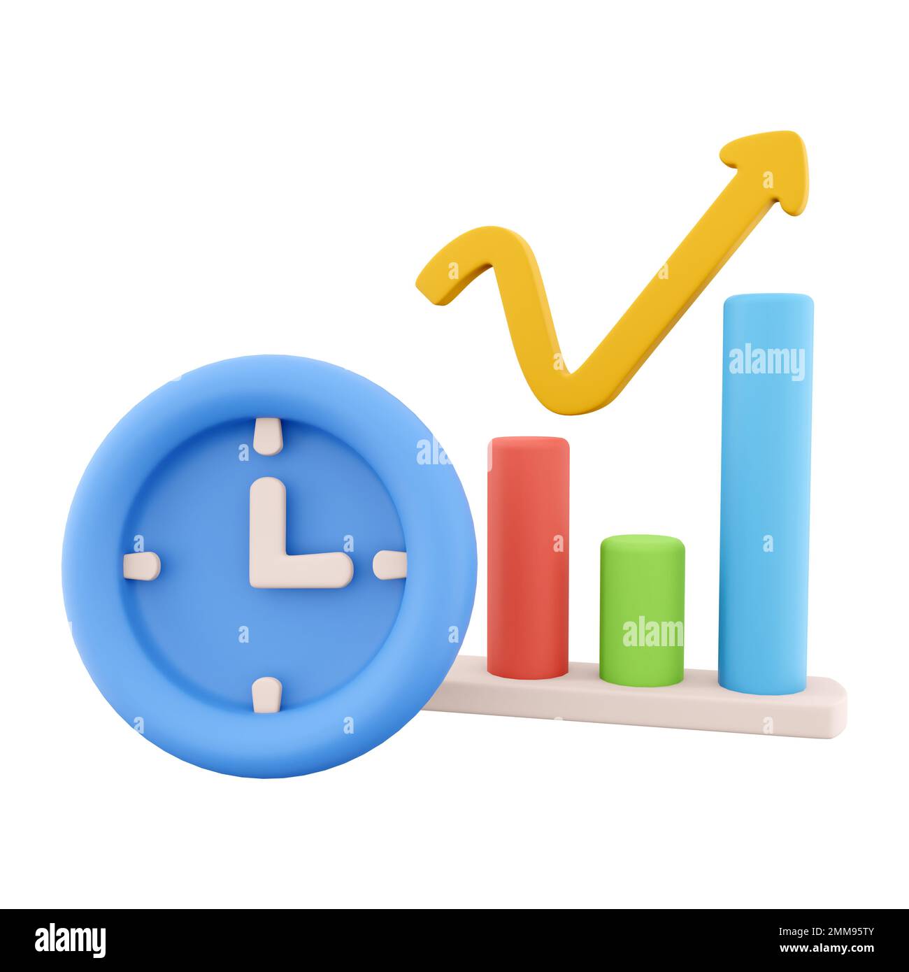 3D rendering clock and color graphs pointing up icon. 3d render chart