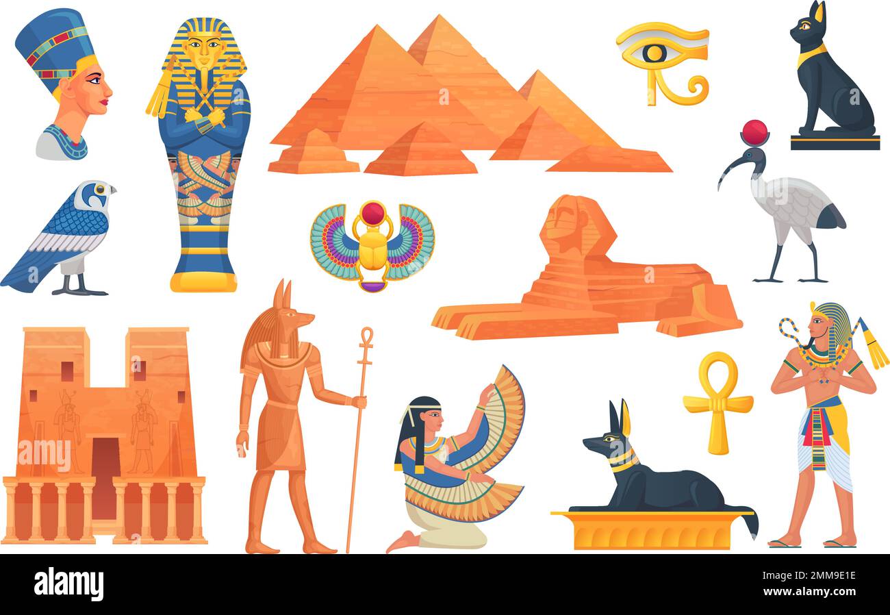 Cartoon egyptian elements. Ancient egypt statue and mythology objects ...