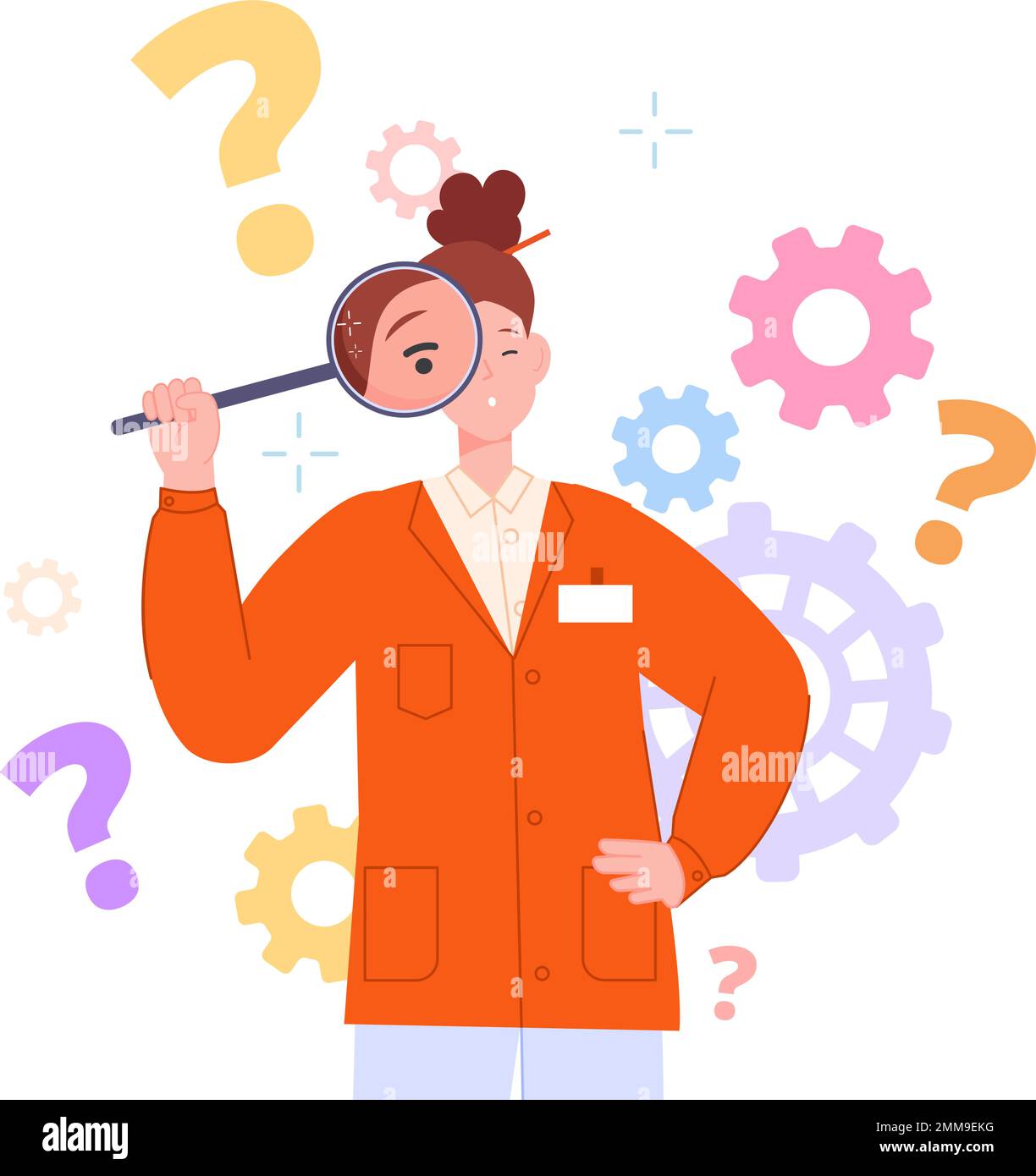 Woman magnifier searching. Observing girl looking in magnifying glass