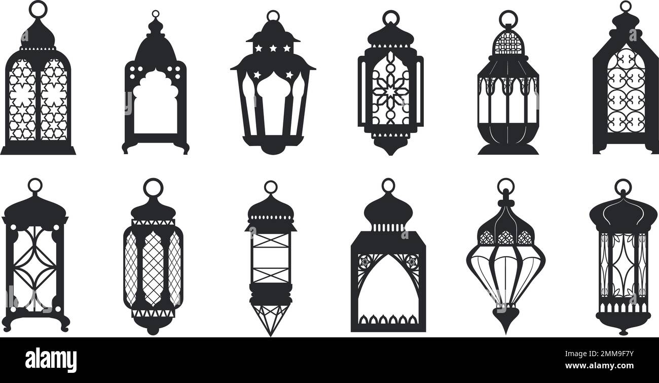 Black ramadan lanterns. Fanous line lantern, arabic lamps silhouettes vintage egyptian moroccan dubai eastern lamp for islamic mosque or arabian lighting, vector illustration of lantern to ramadan Stock Vector