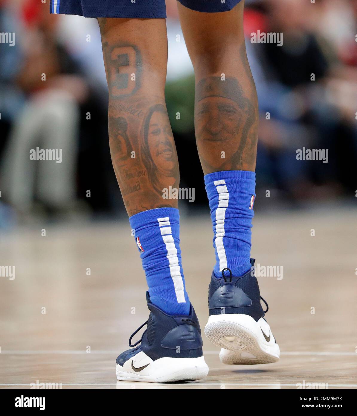 Tattoos on the legs of Dallas Mavericks center DeAndre Jordan (6) are shown  during the second half of an NBA basketball game against the Atlanta Hawks  Wednesday, Oct. 24, 2018, in Atlanta.