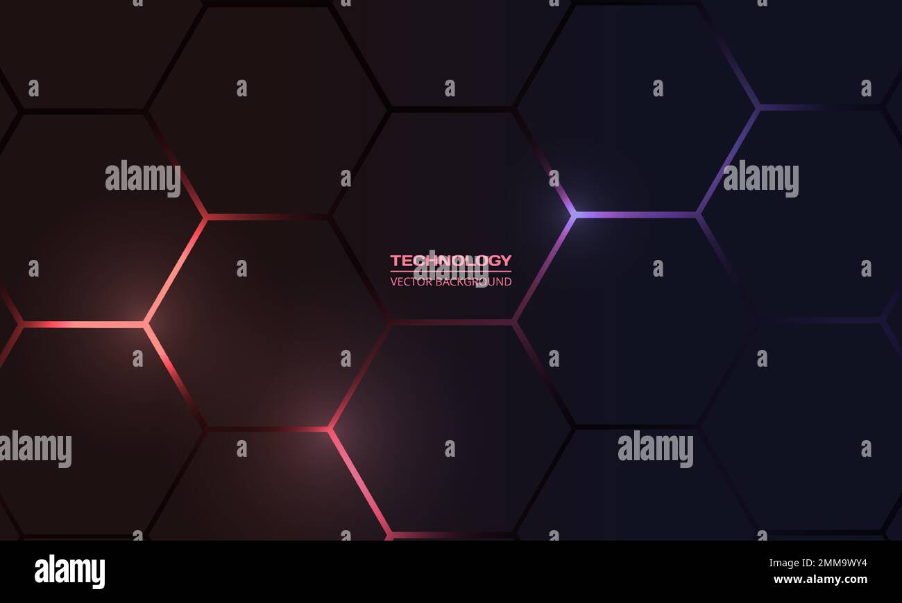 Dark hexagon abstract technology background with red and violet colored ...