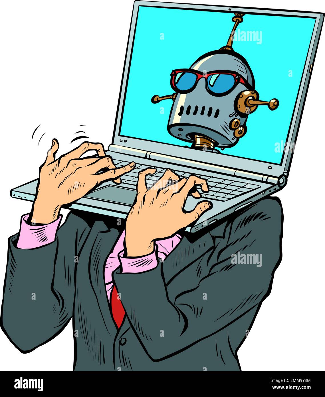 Pop art robots laptop laptop instead of a head. Electronic device laptop computer. Office work Stock Vector